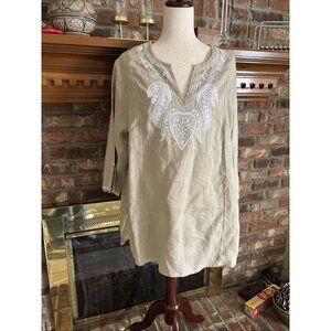 Sample NYC Beige V-neck Linen Blouse Size 1X Embroidered